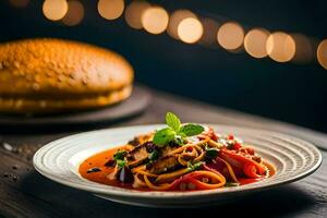 a plate of pasta with tomato sauce and vegetables on a wooden table. AI-Generated photo