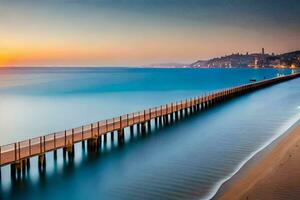 un largo exposición foto de un muelle a puesta de sol. generado por ai