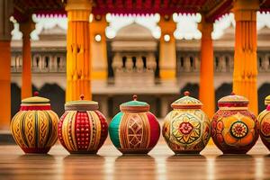 colorful pots lined up in front of a building. AI-Generated photo