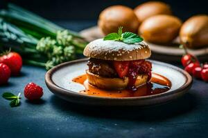a hamburger with sauce and strawberries on a plate. AI-Generated photo