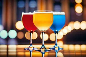 three glasses of different colored drinks on a table. AI-Generated photo