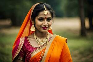 a beautiful indian woman in an orange sari. AI-Generated photo