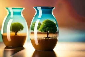 two vases with trees in them on a table. AI-Generated photo