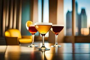 three different types of drinks sit on a table. AI-Generated photo
