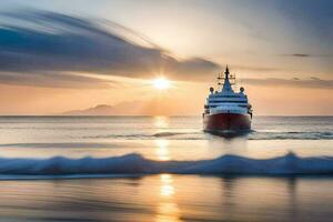 un barco en el Oceano a puesta de sol. generado por ai foto