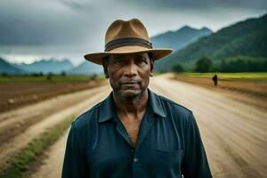 a man in a hat standing on a dirt road. AI-Generated photo