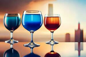 Tres vino lentes con diferente de colores líquidos. generado por ai foto