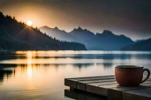 a cup of coffee on a dock at sunset. AI-Generated photo