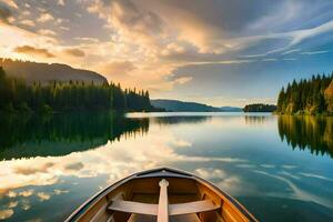 a boat on a calm lake with trees and mountains. AI-Generated photo