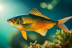 a fish swimming in the ocean with sunlight shining on it. AI-Generated photo