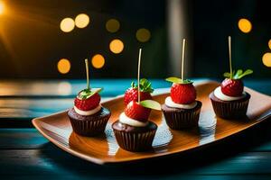 chocolate cupcakes with strawberries on a wooden plate. AI-Generated photo