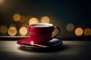 a cup of coffee on a wooden table with a bokeh background. AI-Generated photo