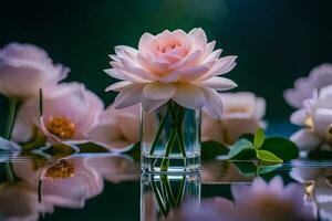 pink flowers in a vase on a water surface. AI-Generated photo
