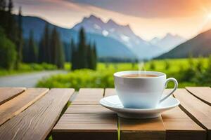 un taza de café en un de madera mesa en el montañas. generado por ai foto