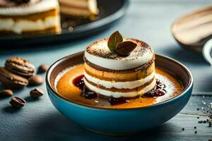 a dessert with cream and berries on a blue plate. AI-Generated photo