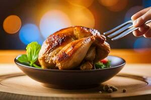 un persona es participación un tenedor terminado un pollo. generado por ai foto