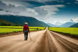 un hombre caminando abajo un suciedad la carretera con un caña. generado por ai foto