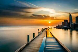 a long exposure photograph of a dock in the middle of a city. AI-Generated photo