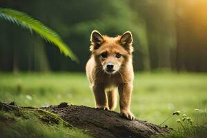 a puppy standing on a log in the middle of a forest. AI-Generated photo