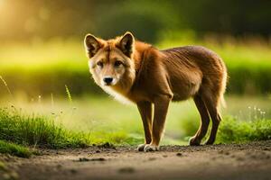 un rojo lobo en pie en un suciedad la carretera. generado por ai foto