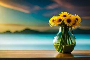 sunflowers in a vase on a table with a sunset in the background. AI-Generated photo