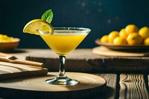 a cocktail with lemon and mint on a wooden table. AI-Generated photo