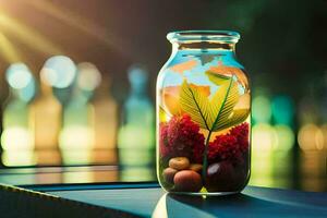 a jar filled with fruit and leaves sits on a table. AI-Generated photo