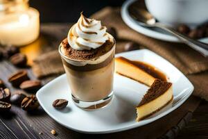 café y postre en un de madera mesa. generado por ai foto