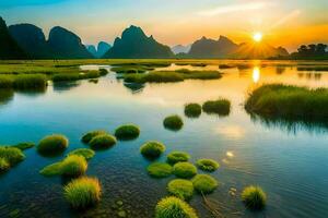 the sun rises over the li river in china. AI-Generated photo