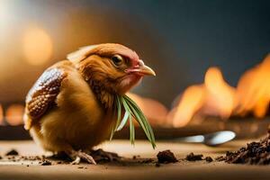 a chicken is standing on a table with a spoon. AI-Generated photo