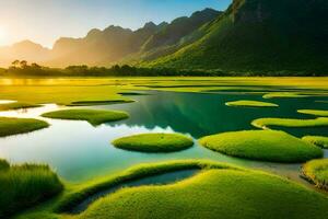 the sun rises over the mountains in the background. AI-Generated photo