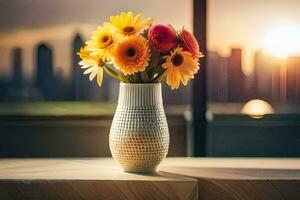 a vase with flowers on a table in front of a city skyline. AI-Generated photo