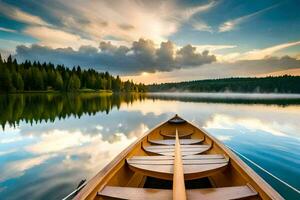 a canoe is floating on the calm waters of a lake. AI-Generated photo