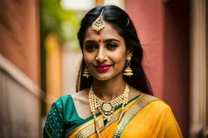 a beautiful indian woman wearing a yellow sari. AI-Generated photo