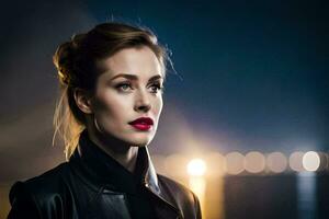 a woman in a black leather jacket and red lipstick. AI-Generated photo