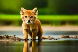 un pequeño rojo zorro en pie en el agua. generado por ai foto