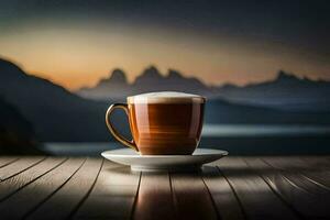 un taza de café en un de madera mesa en frente de un montaña vista. generado por ai foto