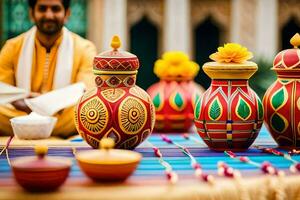 a man sitting in front of colorful vases. AI-Generated photo
