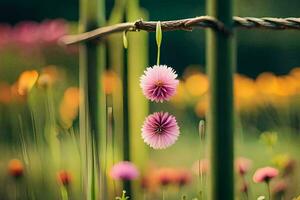 dos rosado flores colgando desde un cerca en un campo. generado por ai foto