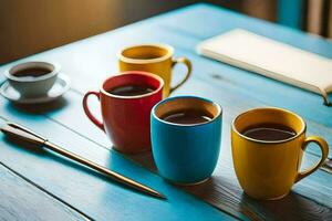 three coffee cups on a wooden table. AI-Generated photo