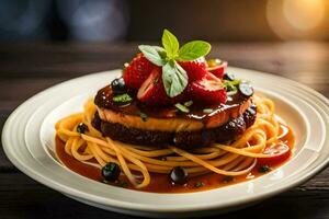 a plate of spaghetti with meat and berries. AI-Generated photo