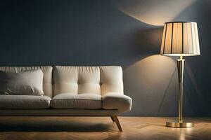 a white couch and lamp in a dark room. AI-Generated photo