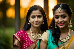 dos mujer en tradicional saris posando para el cámara. generado por ai foto
