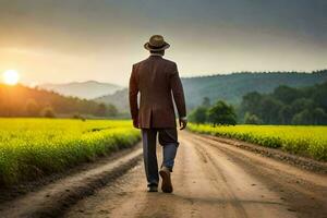 a man in a suit and hat walks down a dirt road. AI-Generated photo