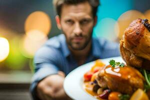 a man holding a plate with a chicken on it. AI-Generated photo