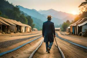 a man in a hat and suit walking on railroad tracks. AI-Generated photo