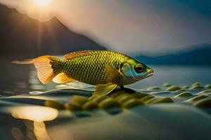 a fish is standing on the water with the sun setting behind it. AI-Generated photo