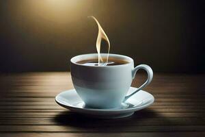 a cup of coffee with a flame on the saucer. AI-Generated photo