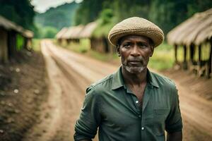 a man wearing a straw hat stands on a dirt road. AI-Generated photo