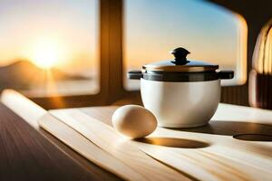 an egg and a pot sit on a table in front of a window. AI-Generated photo